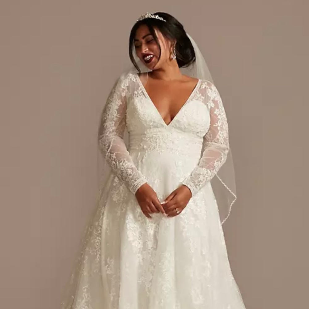 Oleg Cassini Lace Long Sleeve Keyhole Back Wedding Dress